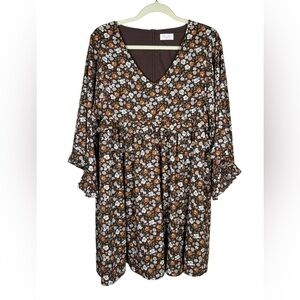 Pink Lily Brown and White Bell Sleeve Dress. Feminine. Romantic. Cottagecore.